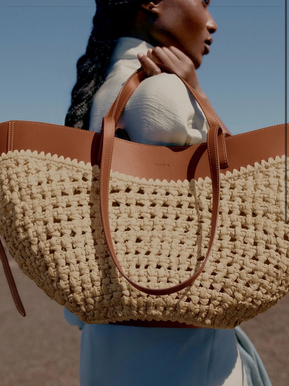 Polene Two-Tone Woven Straw Tote with Tan Leather Trim - Picture 2 of 6